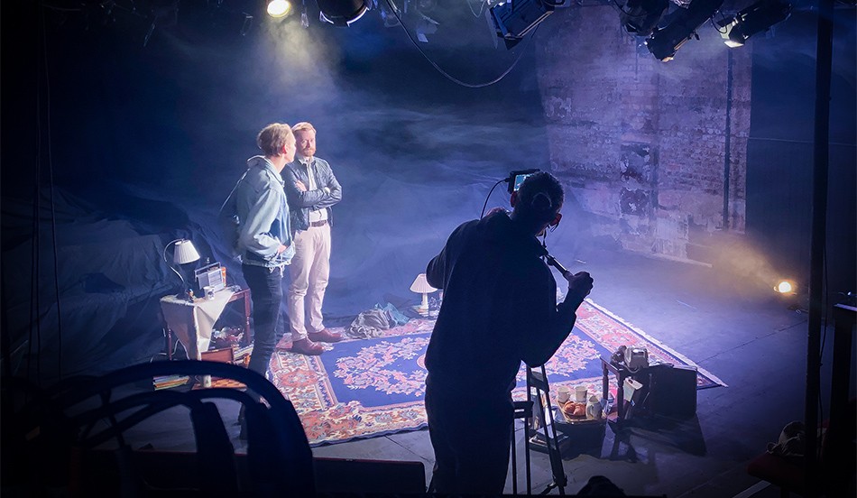 Behind the scenes shot of the filming of Vespertilio, an atmospheric tale of love, loneliness, bats, at King’s Head Theatre.