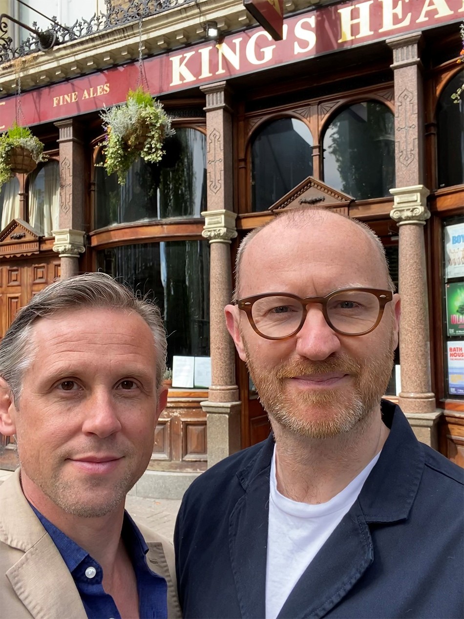 Actor/writers Mark Gatiss and Ian Hallard standing outside King’s Head Theatre Islington to support the emergency fundraising campaign.