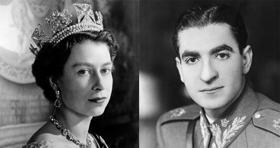 Black and white portrait shots of Queen Elizabeth II and Shah of Iran in the early 1950s (documentary The Queen and the Coup).