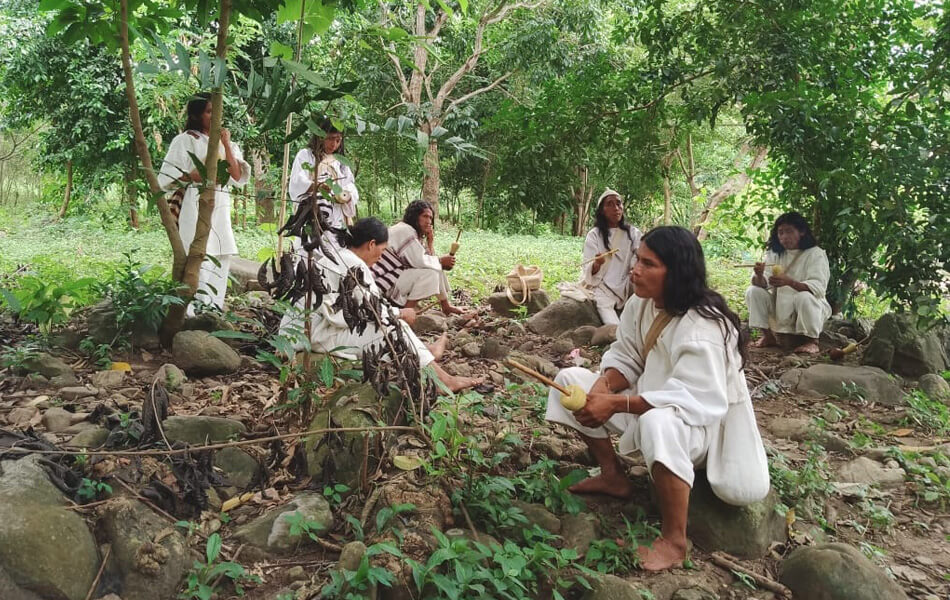 Seven members of the indigenous South American Kogi community sitting and standing in the forest of the Sierra Nevada de Santa Marta mountain range in Colombia