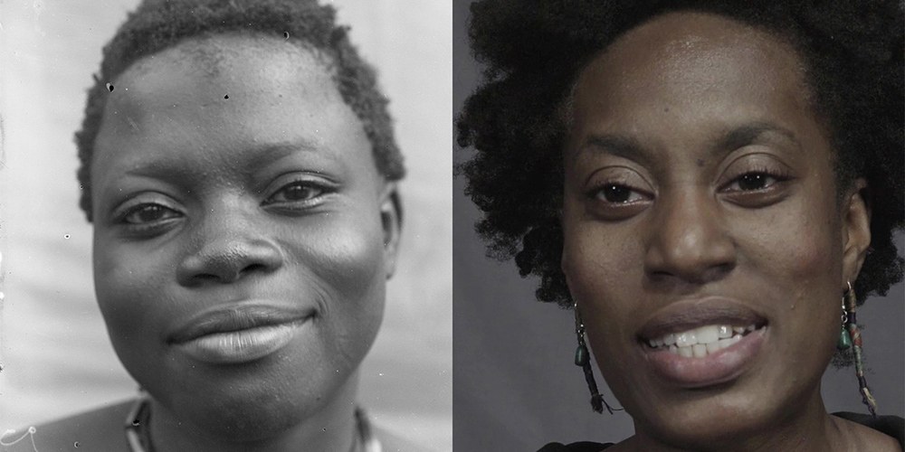 An archive image taken of an African woman by British colonial anthropologist Northcote Thomas next to an image of a modern black woman today.