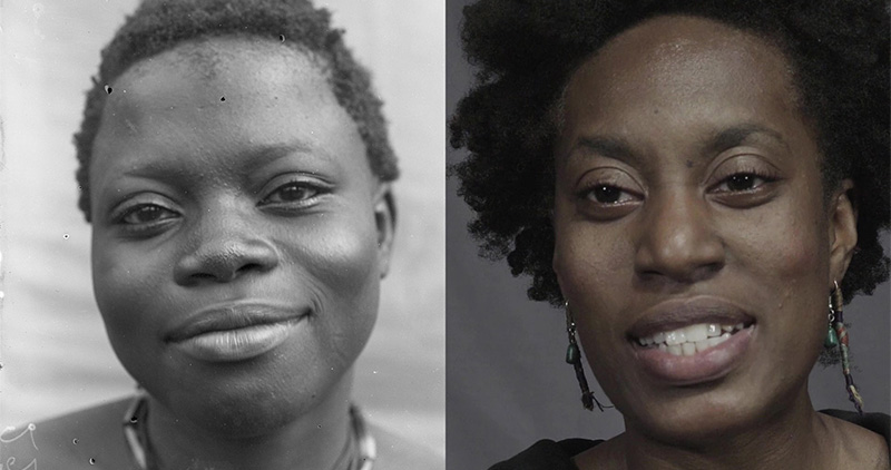 An archive image taken of an African woman by British colonial anthropologist Northcote Thomas next to an image of a modern black woman today.