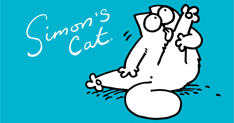 Cartoon drawing of a cat licking its leg next to writing which reads 'Simon's Cat'.